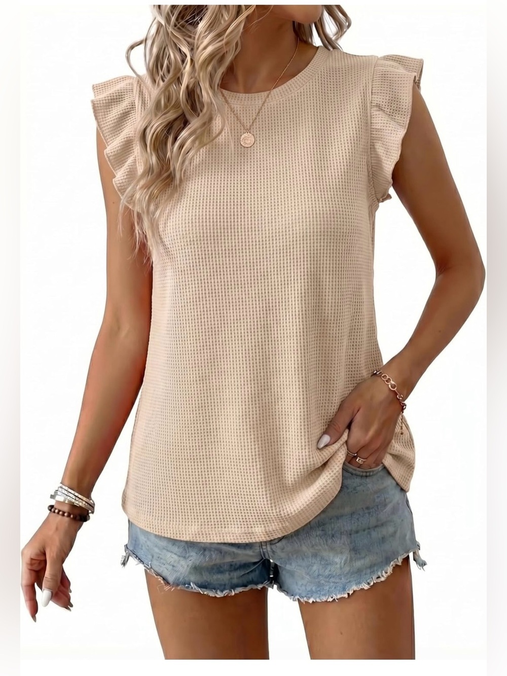Waffle Knit Ruffle Sleeve Tank Top - Beige